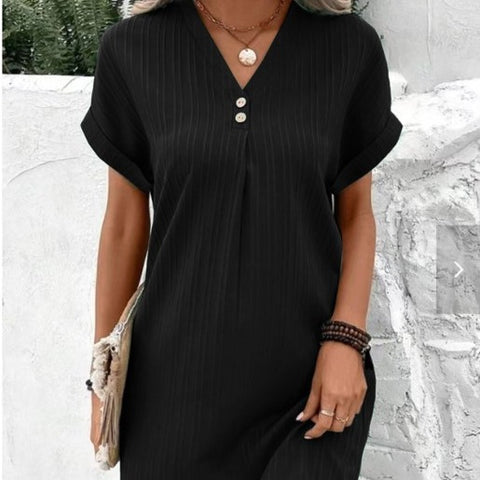 2026 new V-neck solid color pullover comfortable casual button dress