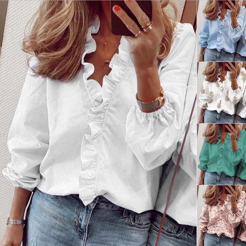 Spring and summer European and American new long-sleeved ruffle shirt women's shirt