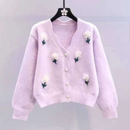 Women's Elegant Beaded Floral Cardigan - V-Neck, Long Sleeve, Lace Trim. Chic for Spring/Fall.