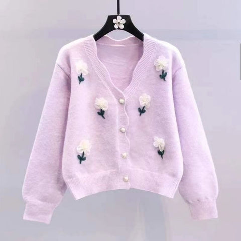 Women's Elegant Beaded Floral Cardigan - V-Neck, Long Sleeve, Lace Trim. Chic for Spring/Fall.