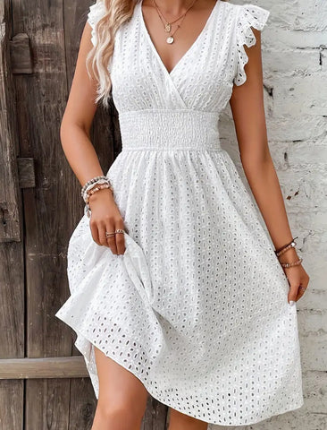 2026 new medium and long dress jacquard hollow and thin V-neck large size solid color dress
