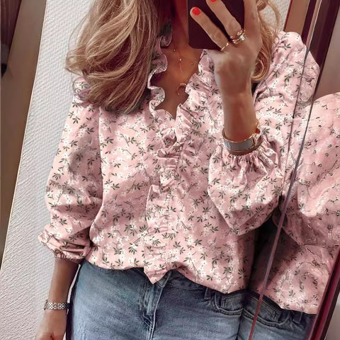 Spring and summer European and American new long-sleeved ruffle shirt women's shirt