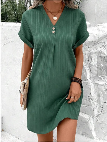 2026 new V-neck solid color pullover comfortable casual button dress