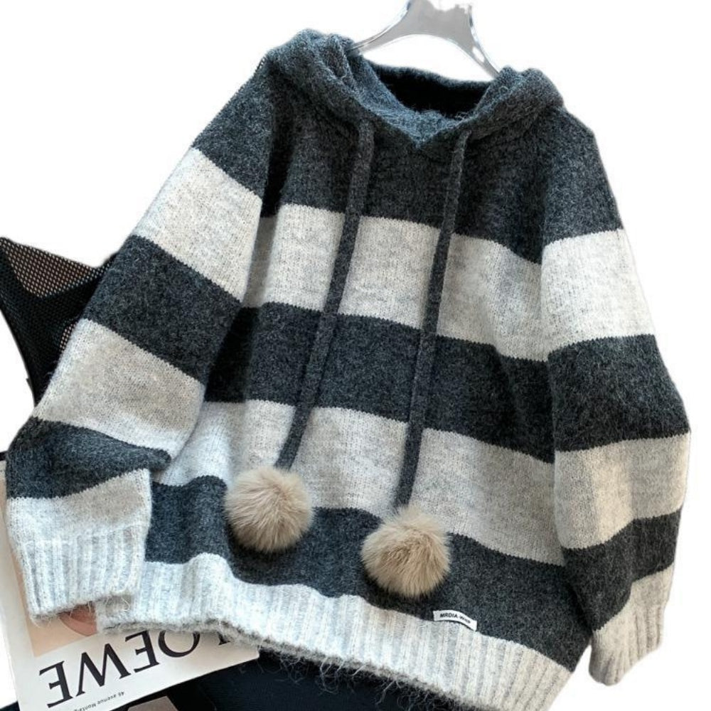 Women's Cozy Striped Hooded Sweater - Long Sleeve, Contrast Trim, Relaxed Fit. Soft Fall/Winter Pullover, Machine Washable.