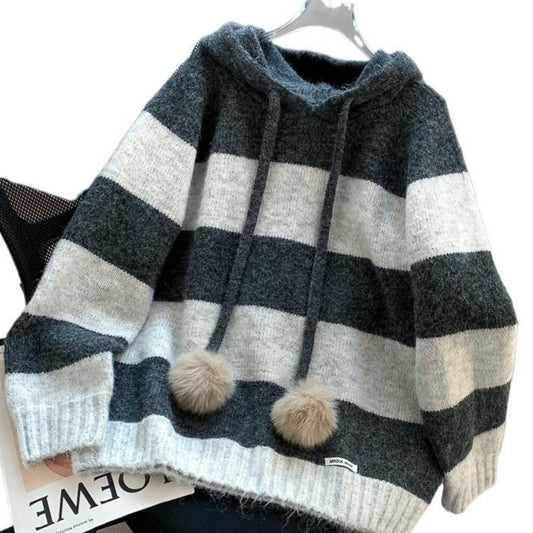 Women's Cozy Striped Hooded Sweater - Long Sleeve, Contrast Trim, Relaxed Fit. Soft Fall/Winter Pullover, Machine Washable.