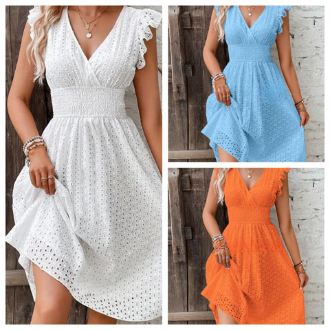 2026 new medium and long dress jacquard hollow and thin V-neck large size solid color dress