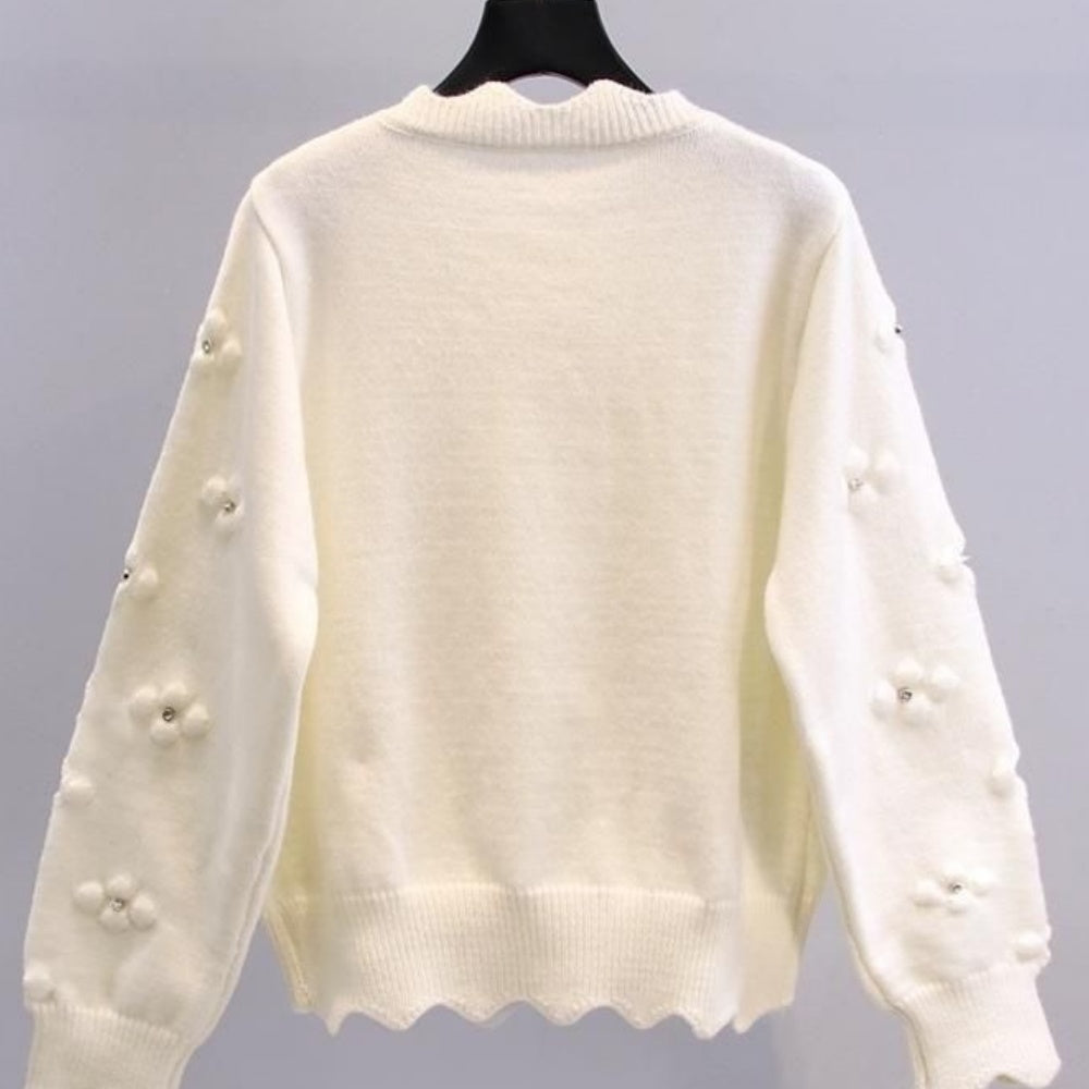 Women's Elegant Beaded Floral Cardigan - V-Neck, Long Sleeve, Lace Trim. Chic for Spring/Fall.