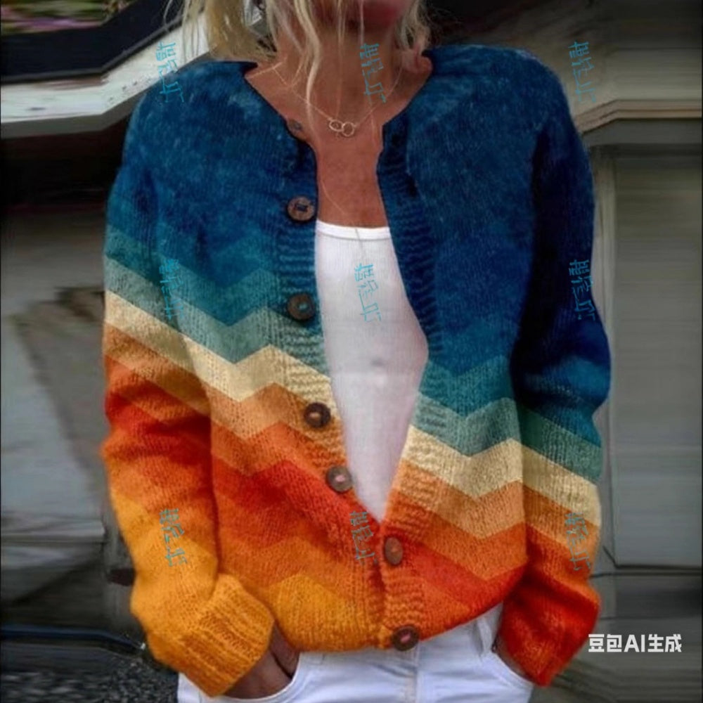 Women's Long-Sleeve Cardigan Sweater - Single Breasted with 3D Digital Print