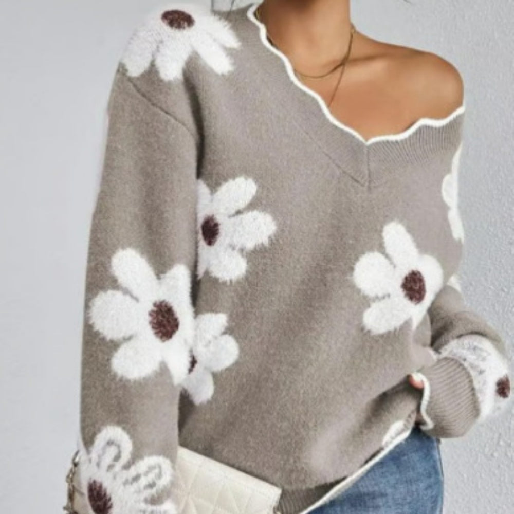 Women's V-Neck Floral   Long Sleeve Sweater