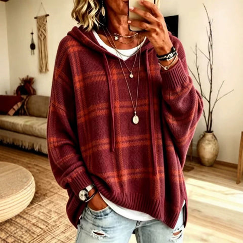 European and american retro plaid hooded knit sweatshirt - women's loose fit drop shoulder drawstring pullover sweater - casual outerwear top