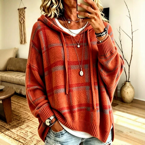 European and american retro plaid hooded knit sweatshirt - women's loose fit drop shoulder drawstring pullover sweater - casual outerwear top