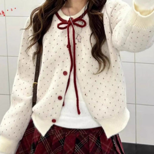 Women's Vintage Polka Dot Bow Cardigan - Soft, Long Sleeve, Fall/Winter Elegant Knitwear