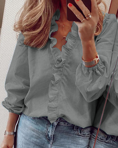Spring and summer European and American new long-sleeved ruffle shirt women's shirt