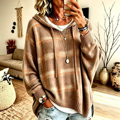 European and american retro plaid hooded knit sweatshirt - women's loose fit drop shoulder drawstring pullover sweater - casual outerwear top