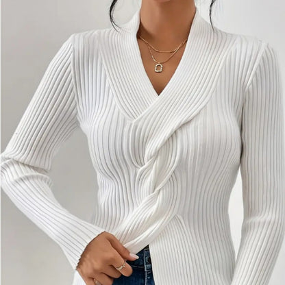 Women's Fashionable Slim-Fit Knitted Sweater - Solid Color, Long Sleeves with Ribbed Split Hem