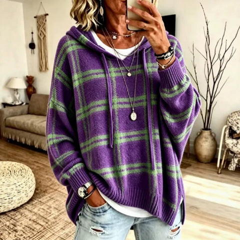 European and american retro plaid hooded knit sweatshirt - women's loose fit drop shoulder drawstring pullover sweater - casual outerwear top