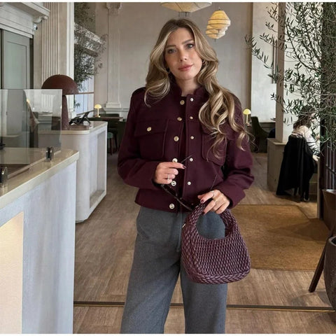 Women's Structured Button Coat - Elegant Long Sleeve Fall Winter Outfit
