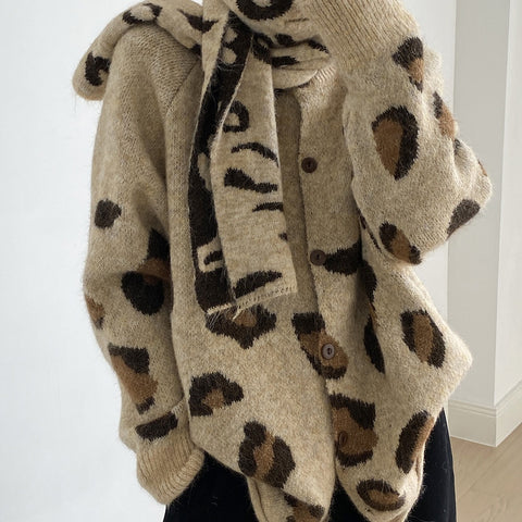 Women's Leopard Bow Collar Cardigan - Cropped H-Line Fall Winter Jacket