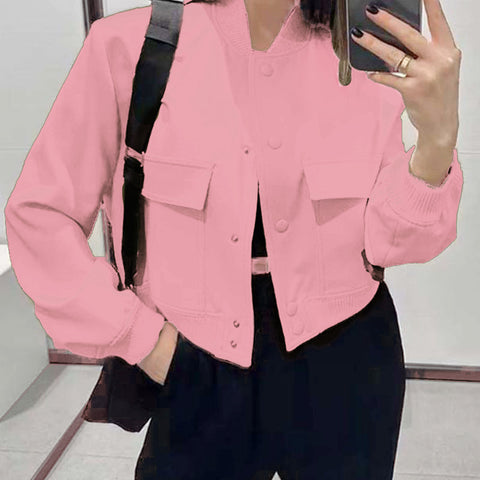 Women's Navy Blue V-Neck Blazer - Structured Short Jacket with Pockets