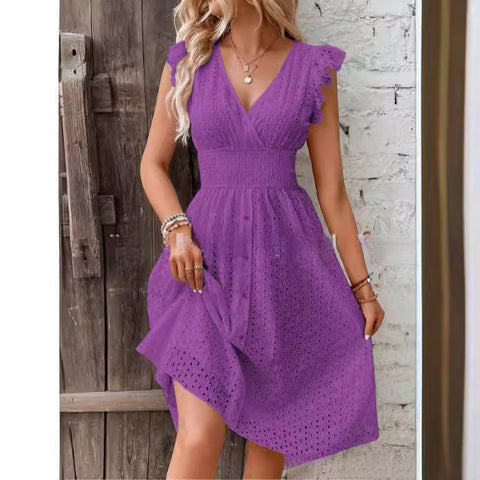 2026 new medium and long dress jacquard hollow and thin V-neck large size solid color dress