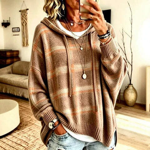 European and american retro plaid hooded knit sweatshirt - women's loose fit drop shoulder drawstring pullover sweater - casual outerwear top