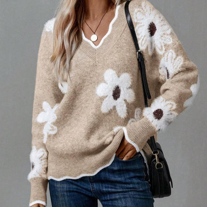 Women's V-Neck Floral   Long Sleeve Sweater