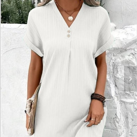 2026 new V-neck solid color pullover comfortable casual button dress