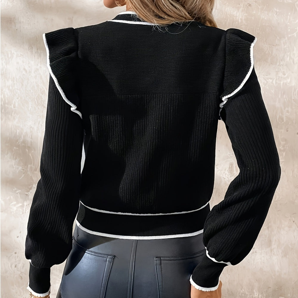 Women's Elegant Contrast Ribbed Sweater: Long-sleeve
