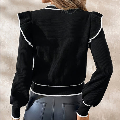 Women's Elegant Contrast Ribbed Sweater: Long-sleeve