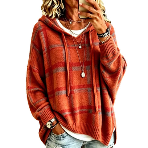 European and american retro plaid hooded knit sweatshirt - women's loose fit drop shoulder drawstring pullover sweater - casual outerwear top