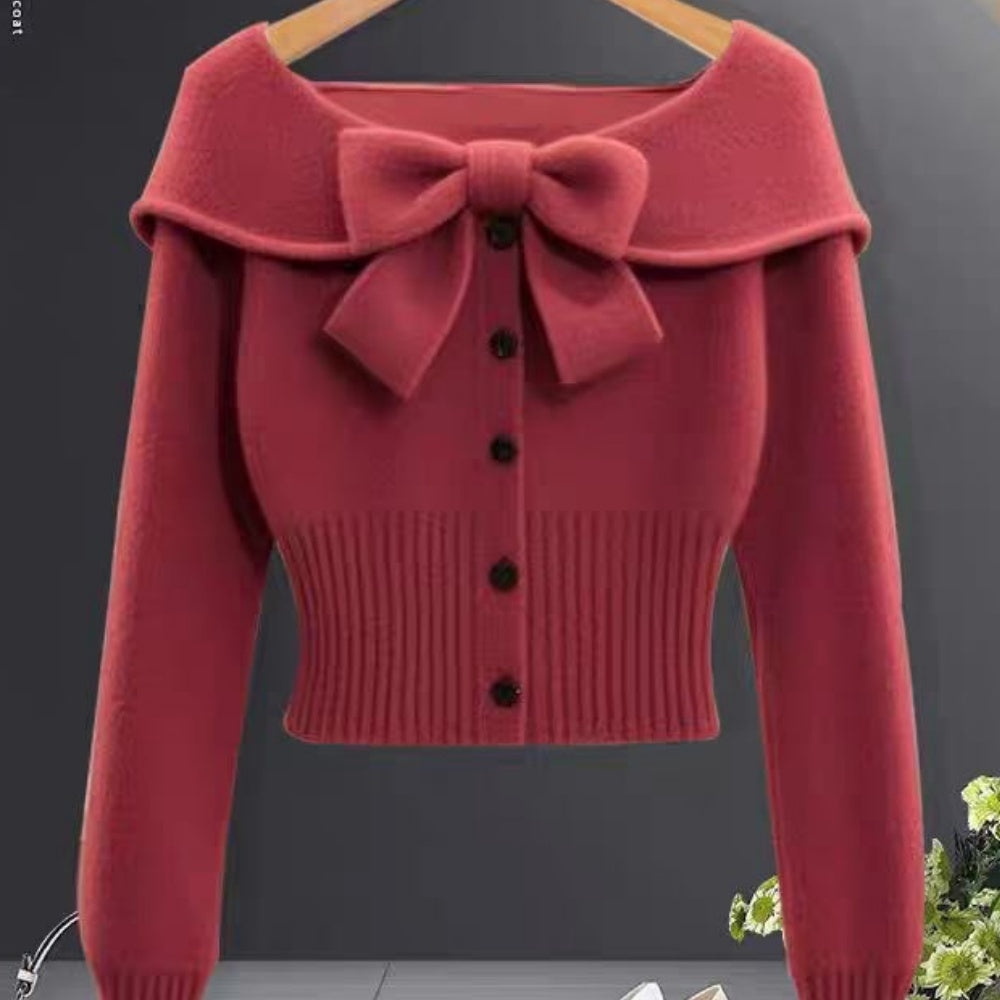 Women's Elegant Burgundy Sweater Coat - Long Sleeve, Round Neck, Button Front. Cozy Fall/Winter Casual Outerwear.