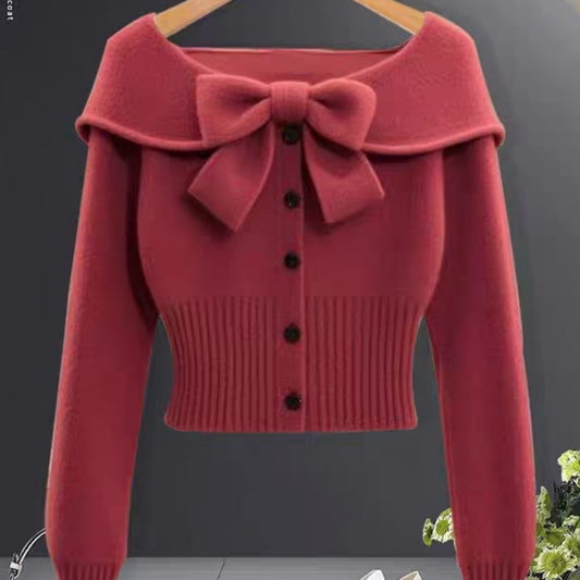 Women's Elegant Burgundy Sweater Coat - Long Sleeve, Round Neck, Button Front. Cozy Fall/Winter Casual Outerwear.