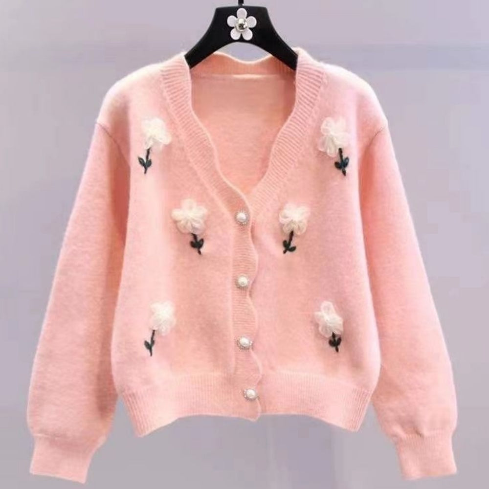 Women's Elegant Beaded Floral Cardigan - V-Neck, Long Sleeve, Lace Trim. Chic for Spring/Fall.