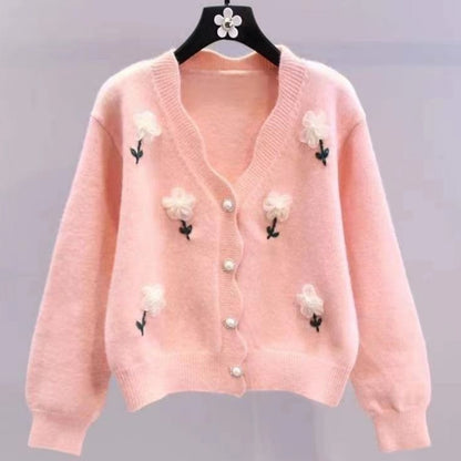 Women's Elegant Beaded Floral Cardigan - V-Neck, Long Sleeve, Lace Trim. Chic for Spring/Fall.