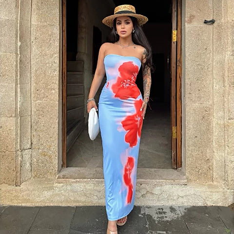 2026 Sexy Wind Slim-fit Printed Tub Top Split Hip Wrap Long Dress