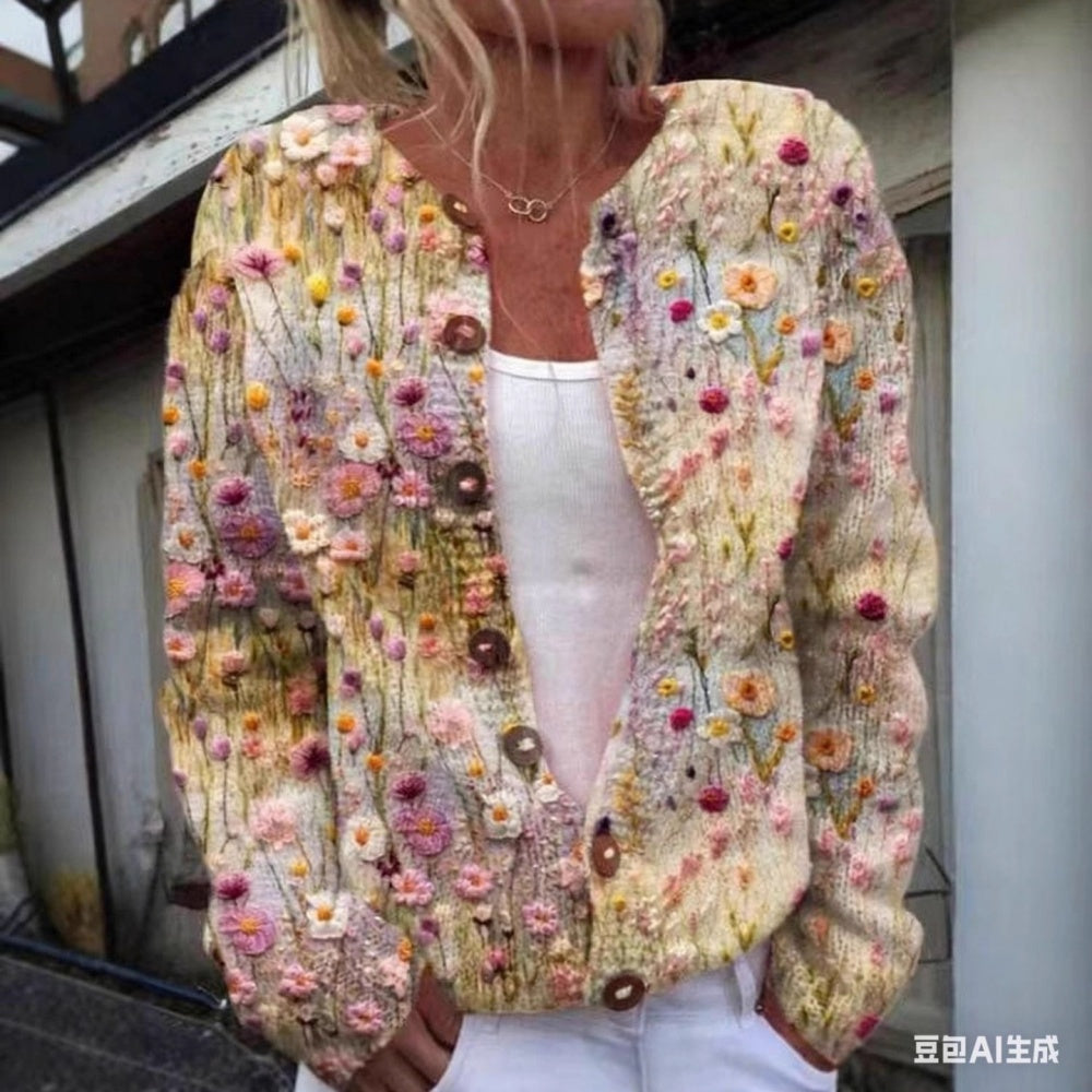 Women's Long-Sleeve Cardigan Sweater - Single Breasted with 3D Digital Print