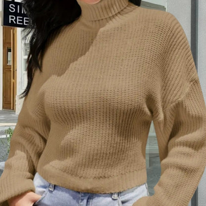 Women's Crew Neck Long Sleeve Pullover Crop Sweater Mock Neck Lantern Sleeve Ribbed Knit Cropped Sweater
