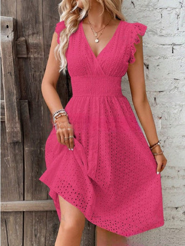 2026 new medium and long dress jacquard hollow and thin V-neck large size solid color dress
