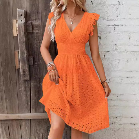 2026 new medium and long dress jacquard hollow and thin V-neck large size solid color dress