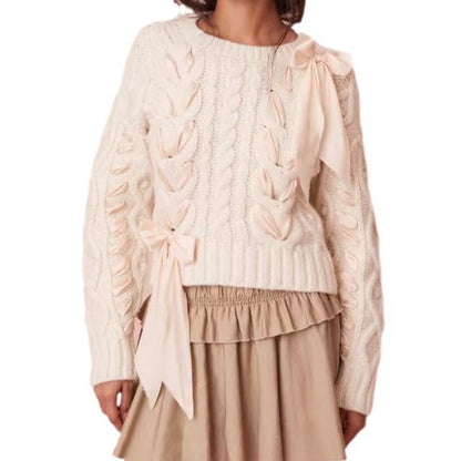 Women's Sweet Bow-Accented Crewneck Sweater for Autumn & Winter - A Versatile Top