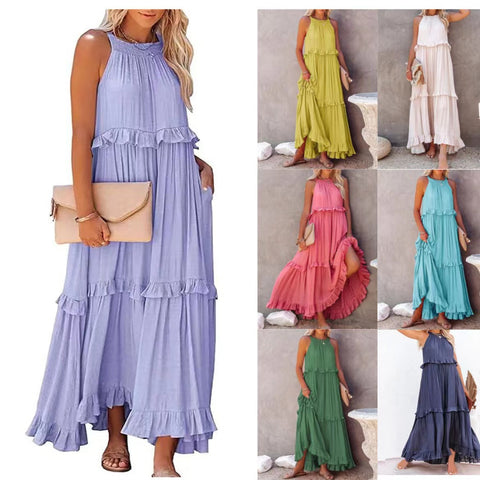 2026 summer new holiday lotus leaf edge long dress big swing elegant beach dress women