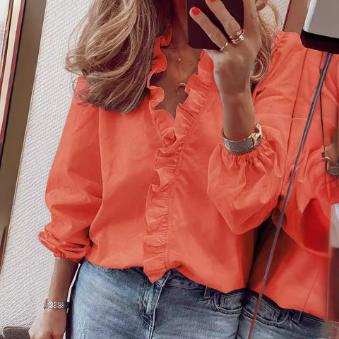 Spring and summer European and American new long-sleeved ruffle shirt women's shirt