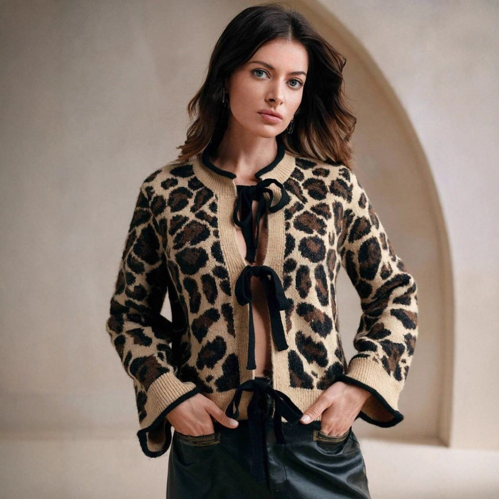 Women's Elegant Leopard Cardigan - Bow Tie Long Sleeve Fall Winter Loose Fit