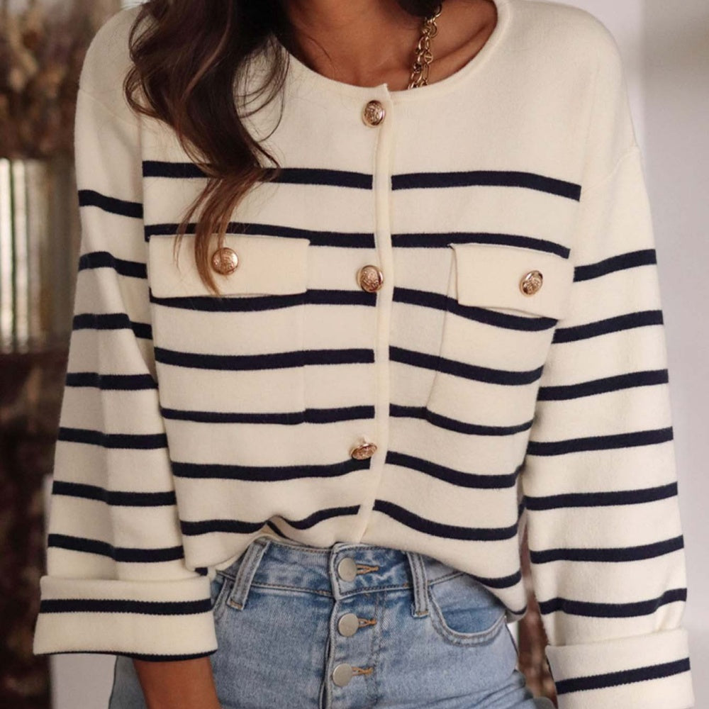 Women's Elegant Striped Long-Sleeve Button-Front