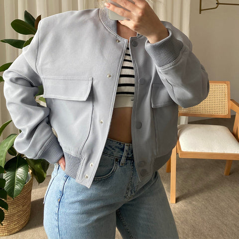 Women's Navy Blue V-Neck Blazer - Structured Short Jacket with Pockets