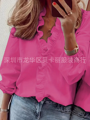 Spring and summer European and American new long-sleeved ruffle shirt women's shirt