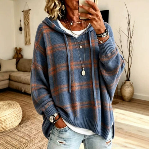 European and american retro plaid hooded knit sweatshirt - women's loose fit drop shoulder drawstring pullover sweater - casual outerwear top