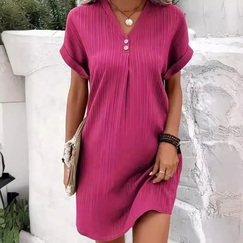 2026 new V-neck solid color pullover comfortable casual button dress