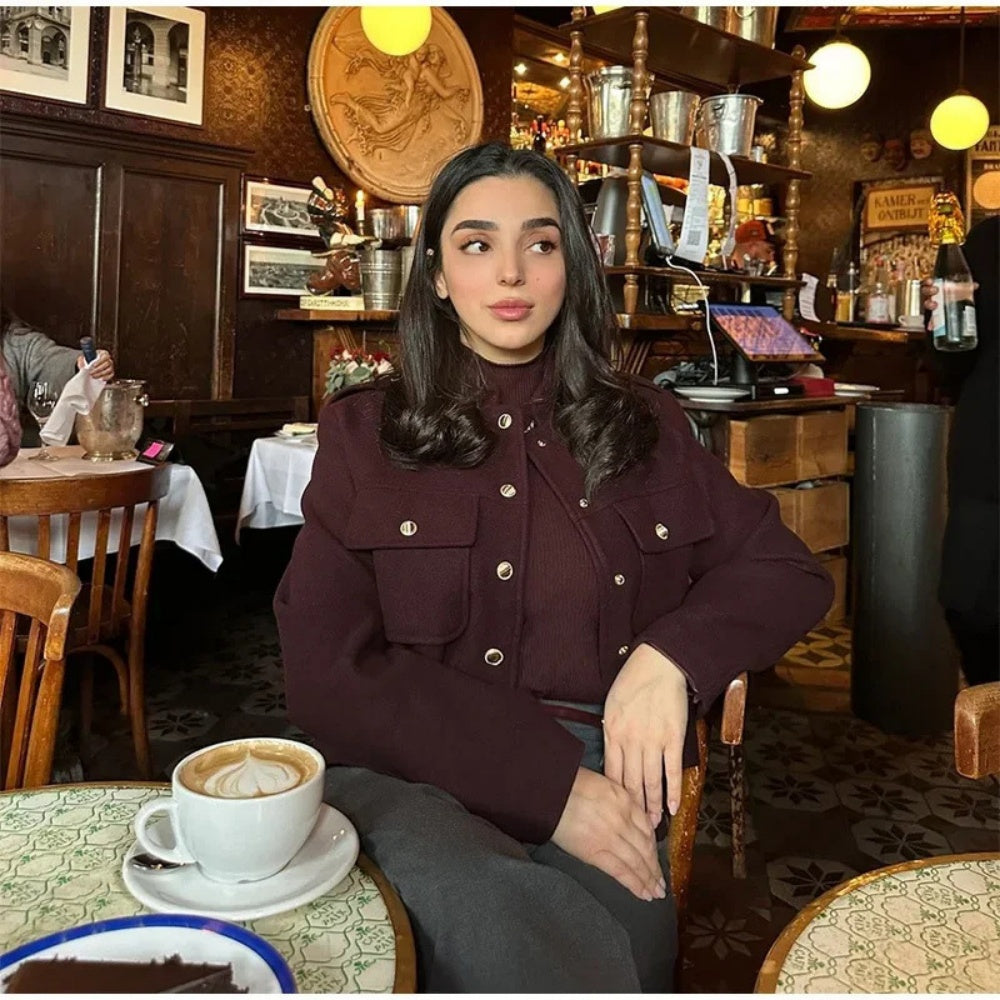 Women's Structured Button Coat - Elegant Long Sleeve Fall Winter Outfit