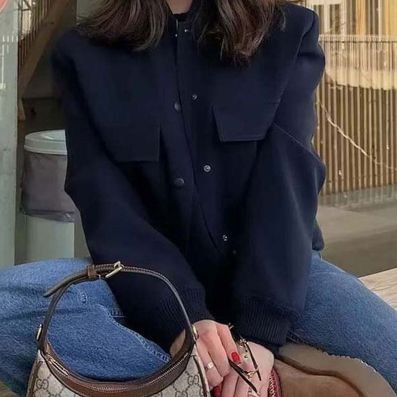 Women's Navy Blue V-Neck Blazer - Structured Short Jacket with Pockets